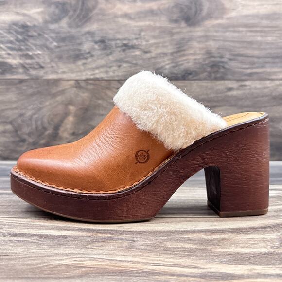NIB Born Hope 8M Shearling-Lined Open Back Heeled Leather Clogs Brown Tan - Picture 5 of 11